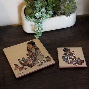 Vintage Earthtones Tabletop Trivet Home Decor L. Kuhne 1990 The Storyteller Pair